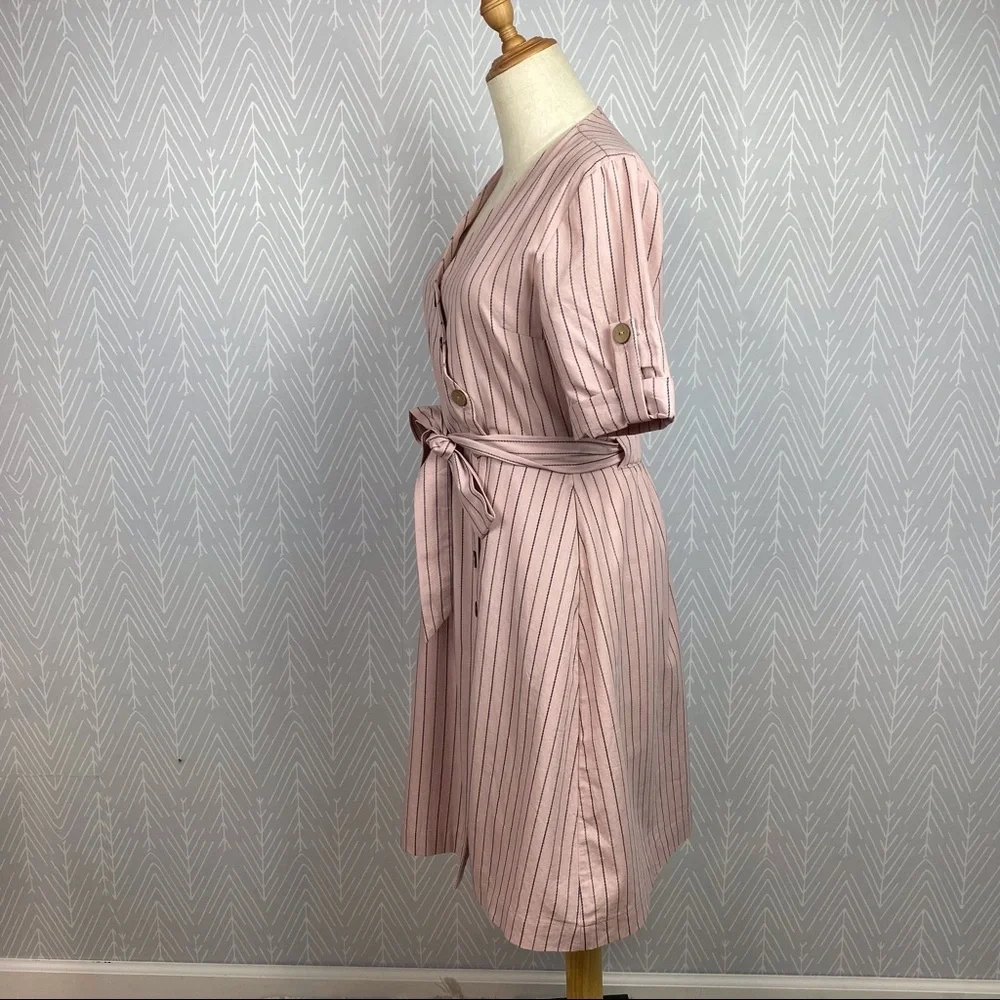 HYFVE Pink Striped Print Short Sleeve Waist Tie Dress. - Picture 7 of 10